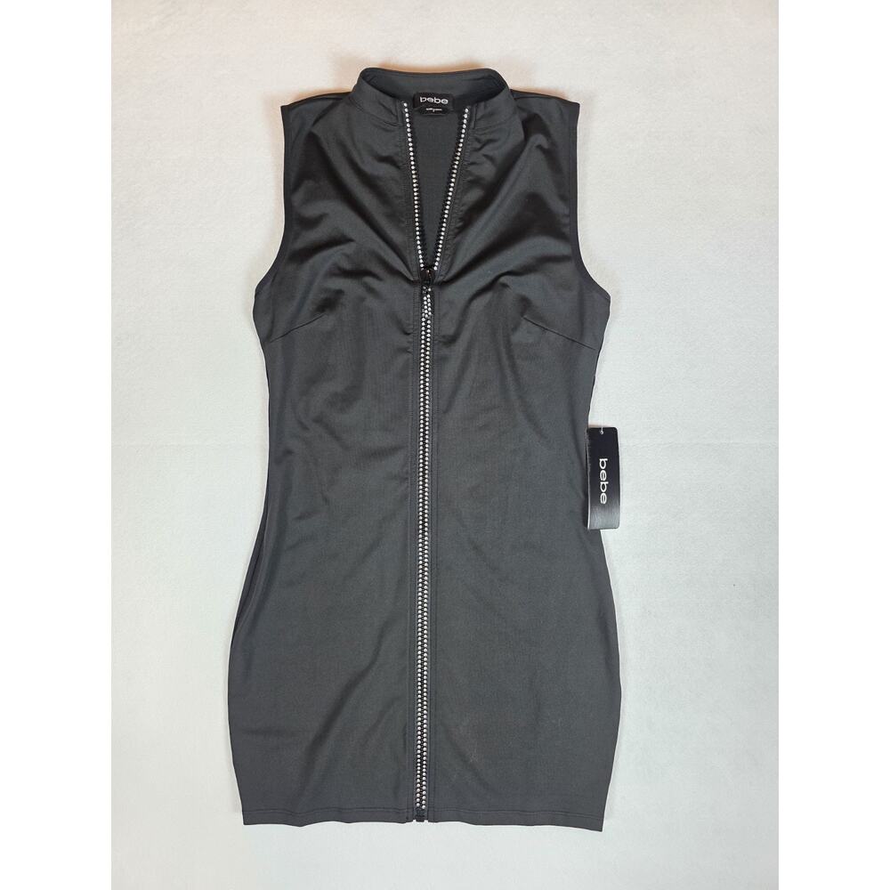 Bebe Womens Black Rhinestone Zip-Front Bodycon Dress | Size Small | NWT $98